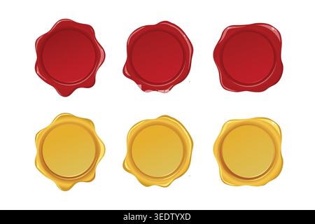 Collection of realistic red and gold wax seal stamps, elegant vintage badges for certificates, invitations, branding, and official documents. Stock Vector