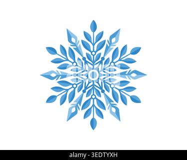 Elegant blue snowflake with leaf-inspired geometric symmetry, clean vector style, symbolizing winter, nature, balance, and calm Stock Vector