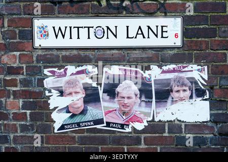 File photo dated 02-10-2024 of Panini styled stickers of Former Aston Villa players Nigel Spink, Paul Birch and Alan McInally on a wall at Witton Lane. Panini World Cup sticker albums will become a thing of the past following the centenary finals in 2030 after FIFA announced a new partnership on Thursday. Issue date: Thursday May 7, 2026. Stock Photo