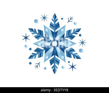 Elegant blue snowflake illustration with geometric symmetry, icy tones, and decorative winter elements, isolated on white background. Stock Vector