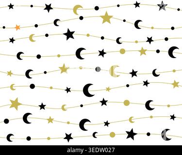Seamless pattern of moons and stars on flowing lines in black and gold, perfect for celestial, Ramadan, nursery, or festive designs. Stock Vector