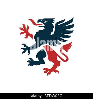 Bold heraldic griffin emblem in red and navy, combining eagle and lion forms to symbolize strength, vigilance, and royal authority. Stock Vector