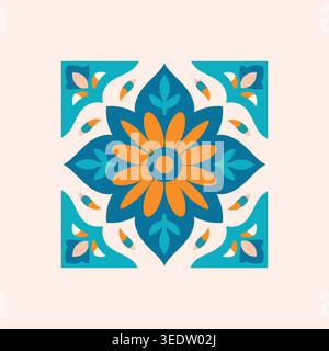Decorative Moroccan tile pattern with floral symmetry in teal and orange, ideal for backgrounds, decor, textiles, and art. Stock Vector