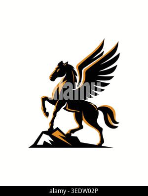 Bold Pegasus winged horse logo in black and gold, standing on a mountain peak, perfect for gaming, sports, and branding designs. Stock Vector