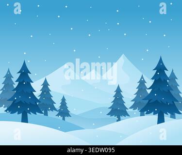 Peaceful winter landscape with snowy pine trees, soft falling snow, and blue mountains under a clear sky, creating a calm seasonal scene. Stock Vector