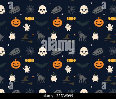 Cute seamless Halloween pattern with pumpkins, ghosts, skulls, bats, and candy on dark background for festive spooky design. Stock Vector