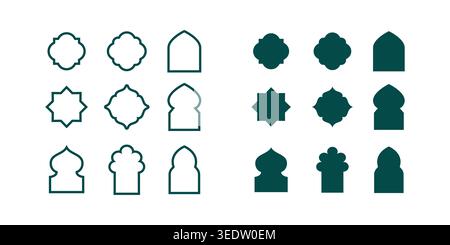 Collection of elegant Islamic geometric and arch icons in outline and solid styles, perfect for branding, patterns, and UI design. Stock Vector