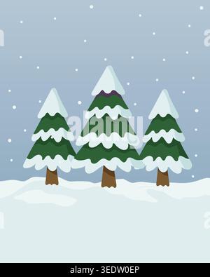 Minimal winter illustration of snow covered pine trees under a calm sky with falling snow, creating a peaceful cold-season forest scene. Stock Vector