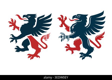 Set of bold heraldic griffin emblems in red and navy, combining eagle and lion forms for strong, royal, and classic logo design. Stock Vector