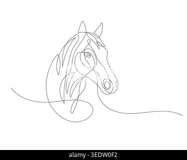 Elegant continuous line art of a horse head, flowing curves forming a graceful and modern minimalist animal illustration. Stock Vector