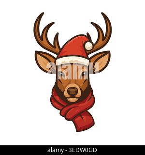 Elegant reindeer wearing a Santa hat and red scarf, symbolizing warmth and festive Christmas spirit in a modern cartoon style Stock Vector