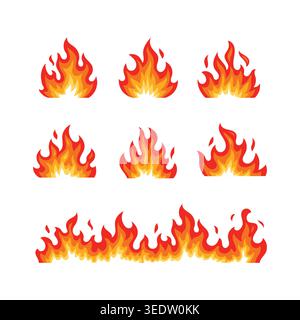 Bright flame collection with bold red, orange, and yellow layers, featuring dynamic fire shapes ideal for icons, effects, and graphic design. Stock Vector