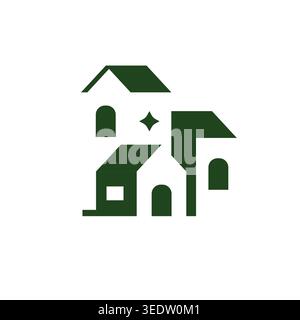Minimal green house silhouettes forming a small village icon, representing home, community, and residential area. Stock Vector