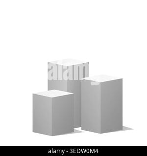 gray three rectangular podium set on white background, ideal for product display, mockups, cosmetics, and modern branding Stock Vector
