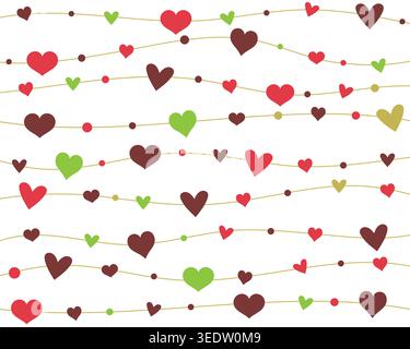 Simple pattern of colorful hearts on wavy lines, perfect for Valentine backgrounds, wrapping paper, and cute designs. Stock Vector