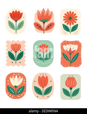 Set of boho floral icons with colorful folk style flowers and leaves in retro frames, perfect for stickers and decor. Stock Vector