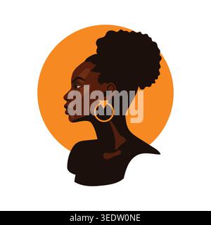 Elegant portrait of an African woman in profile with natural hair bun and gold hoop earrings on a warm orange background. Stock Vector