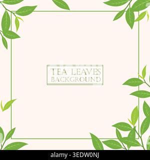 Fresh green tea leaves border on a soft beige background, creating a natural and elegant botanical frame design Stock Vector