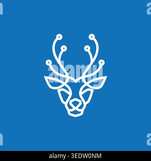 Modern line art logo of a deer with antlers shaped like circuits, symbolizing technology, innovation, and nature connection. Stock Vector