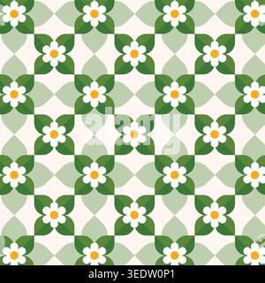 Seamless geometric floral pattern with white jasmine flowers, green leaves, and soft beige background in modern style. Stock Vector
