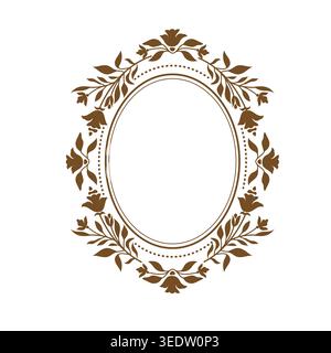 Elegant vintage oval floral frame ornament in brown, perfect for invitations, logos, labels, and classic decorative designs. Stock Vector