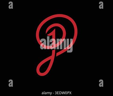 Stylized monogram combining the letters J and P in a flowing red line art design on a black background Stock Vector