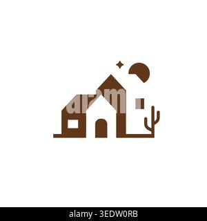 Minimal house silhouette with cactus, moon, and star, representing desert home landscape icon design. Stock Vector