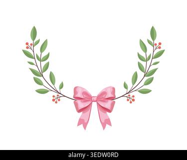 Elegant floral wreath illustration with green leaves, small berries, and a soft pink ribbon bow, perfect for invitations and decor. Stock Vector