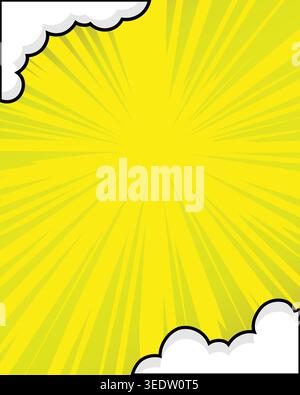 Bright comic style explosion background with yellow sunburst rays and clouds frame, perfect for pop art, comic panels, posters, and banners. Stock Vector