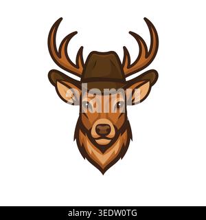 Stylish deer wearing a cowboy hat, blending wild nature and western charm in a bold, modern cartoon illustration design. Stock Vector