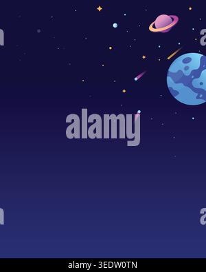 Minimal cosmic space background with colorful planets, stars, and meteors in a dark galaxy sky. Stock Vector
