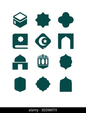 Set of modern Islamic icons featuring Kaaba, mosque, crescent, lantern, arches, and geometric ornaments in clean solid vector style. Stock Vector