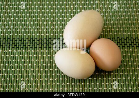 Three fresh eggs (two light beige and one brown) on a green woven bamboo mat. Stock Photo