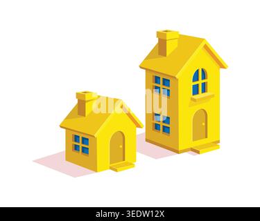 Two bright yellow isometric houses with blue windows and simple geometric shapes, creating a playful and modern 3D isometric Stock Vector