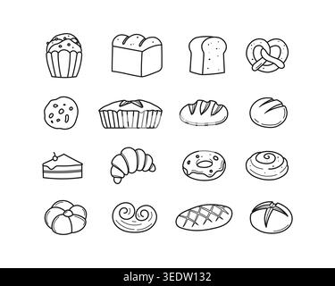 Simple black and white bakery icon set featuring various breads, pastries, and sweets drawn in a clean, minimal line-art style. Stock Vector