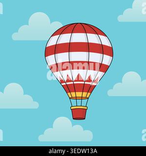 Colorful hot air balloon with red and white patterns floating in a clear blue sky with soft clouds, creating a cheerful travel illustration. Stock Vector