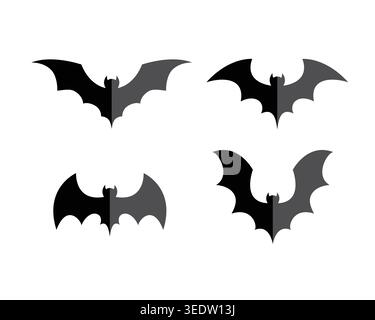 Four black bat silhouettes with different wing shapes, minimalist Halloween icons on white background for spooky design themes. Stock Vector