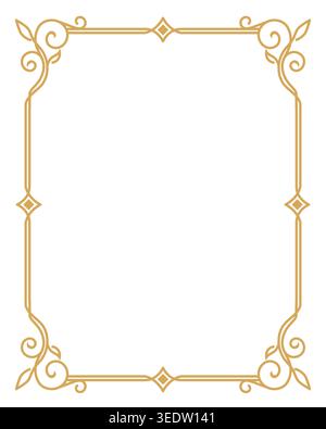 Elegant vintage gold ornamental frame with floral swirls and decorative corners, ideal for invitations, certificates, and classic designs. Stock Vector