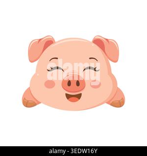 Happy cartoon pig face with closed eyes, pink cheeks, and big smile, radiating joy and cuteness in fun animal illustration. Stock Vector