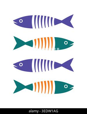 Colorful minimalist fish illustrations arranged vertically, featuring bold shapes and striped patterns in blue, teal, and orange tones. Stock Vector