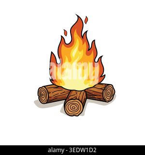 Cartoon bonfire with burning wood logs and bright flames, symbolizing campfire warmth and outdoor adventure. Stock Vector