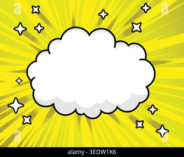 Comic-style cloud bubble on bright yellow background with stars, playful design for text, fun pop art template. Stock Vector
