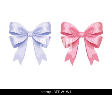 Two glossy ribbon bows in pastel pink and blue, symbolizing elegance, charm, and celebration for gifts or decorations. Stock Vector