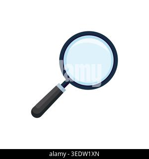 Clean flat magnifying glass icon with dark handle and blue lens, representing search, zoom, inspection, and analysis. Stock Vector