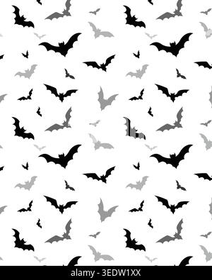 Seamless pattern of black and gray flying bats on white background, perfect for Halloween, spooky prints, or festive decor. Stock Vector