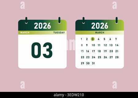 Modern March 2026 calendar design showing Tuesday, March 3, with clean typography, green gradient header, and minimal layout. Stock Vector
