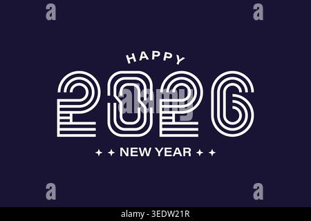 Modern minimalist Happy New Year 2026 design with bold white line typography on dark blue background for celebration greeting. Stock Vector