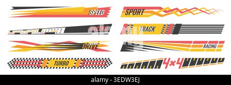 Athletic geometric livery. Red yellow speed stripe decals car wrap, 4x4 truck decoration. Vector motorsport graphics cool checkered mark elements isolated background Stock Vector