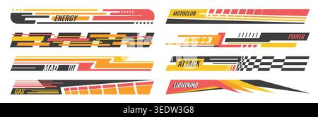 Yellow red racing decal. Sport speed line stickers car rally wrap, motorcycle track graphics. Decorative vector motorsport elements checkered flag stripes graphic design Stock Vector