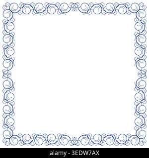 Blue square frilly frame. Ornamental filigree design element. Background of calligraphy curved lines and dots Stock Vector